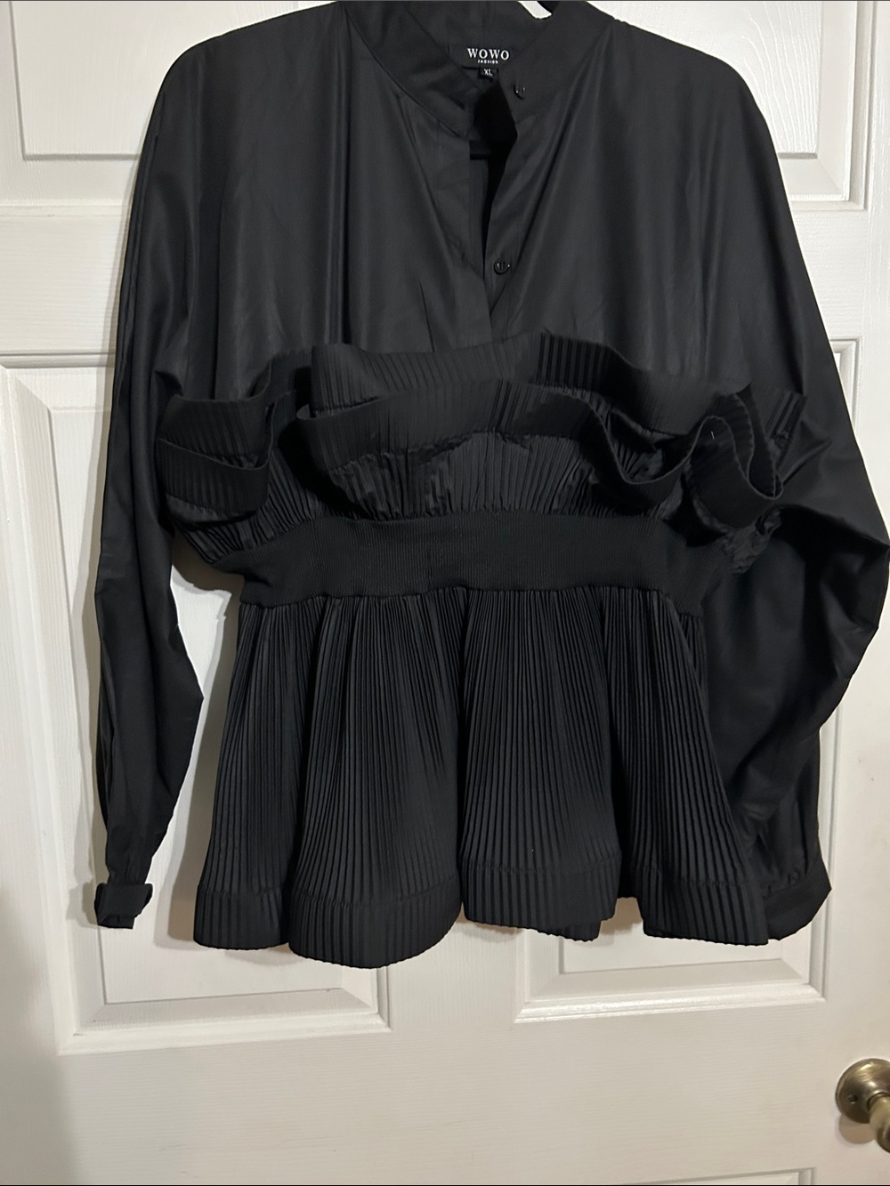 WOWO Black Pleated Ruffle Peplum Blouse